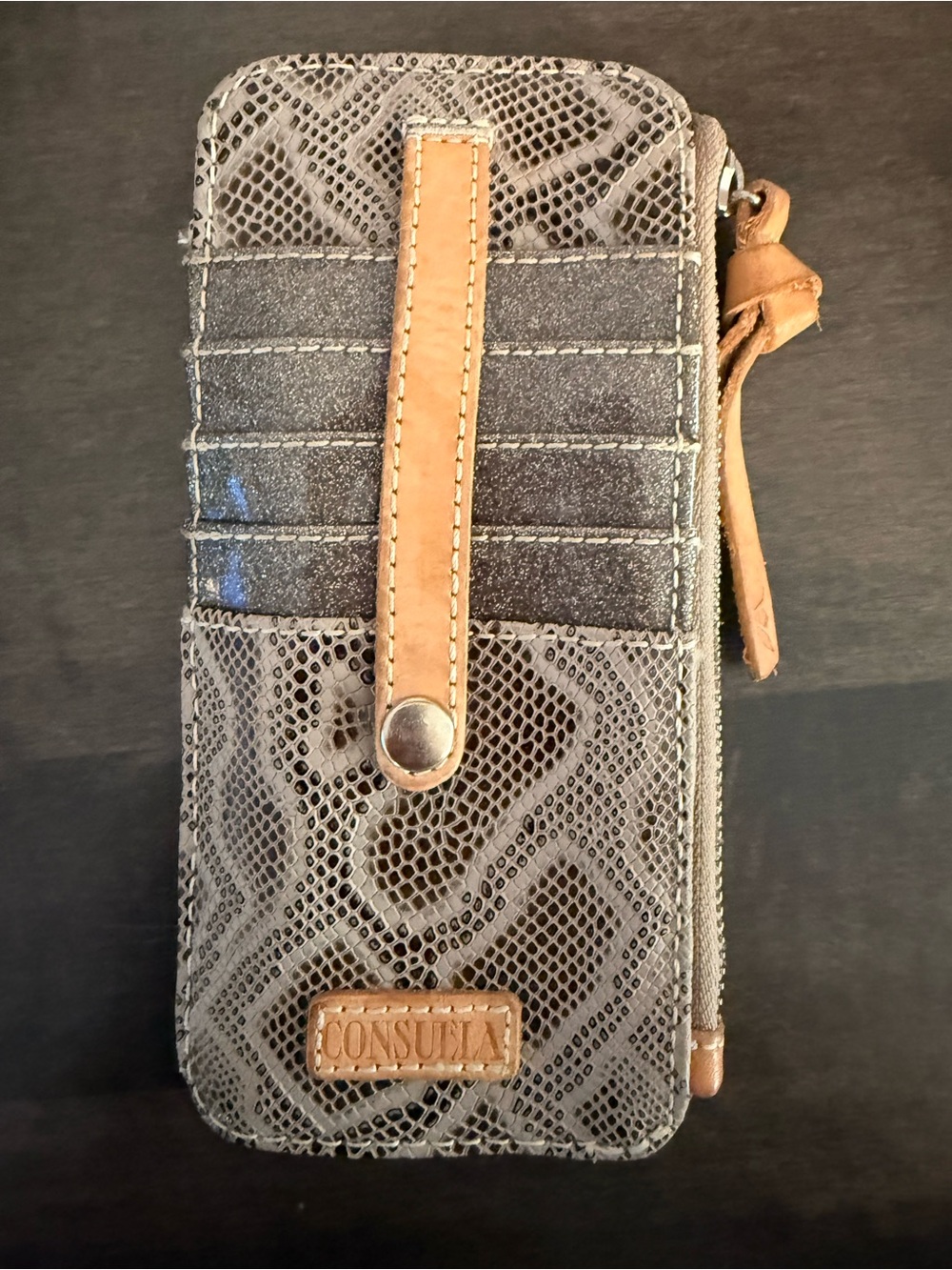 Consuela Gray Snake-Print Wristlet with Tan Leather Strap